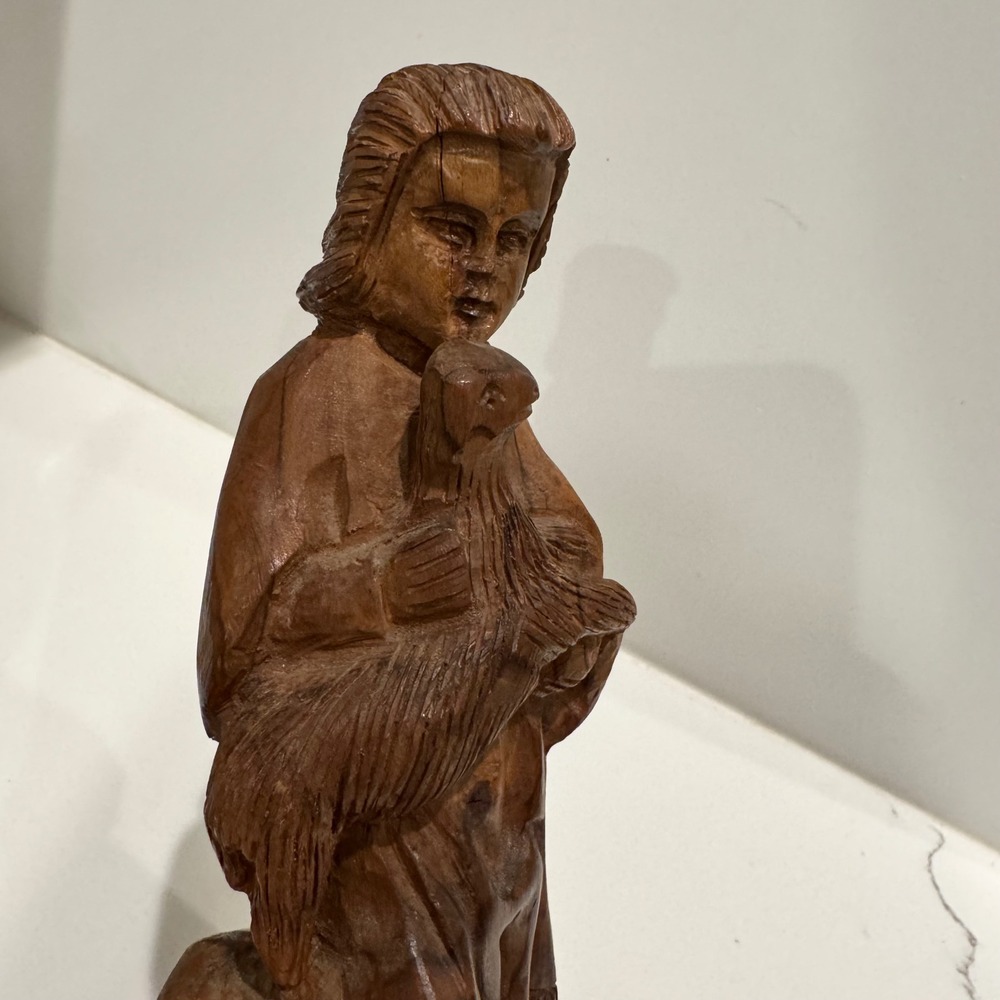 Vintage Hand Carved Wood Good Shepherd Figurine Religious Folk Art Lamb 8.5"